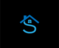 a blue house logo on a black background